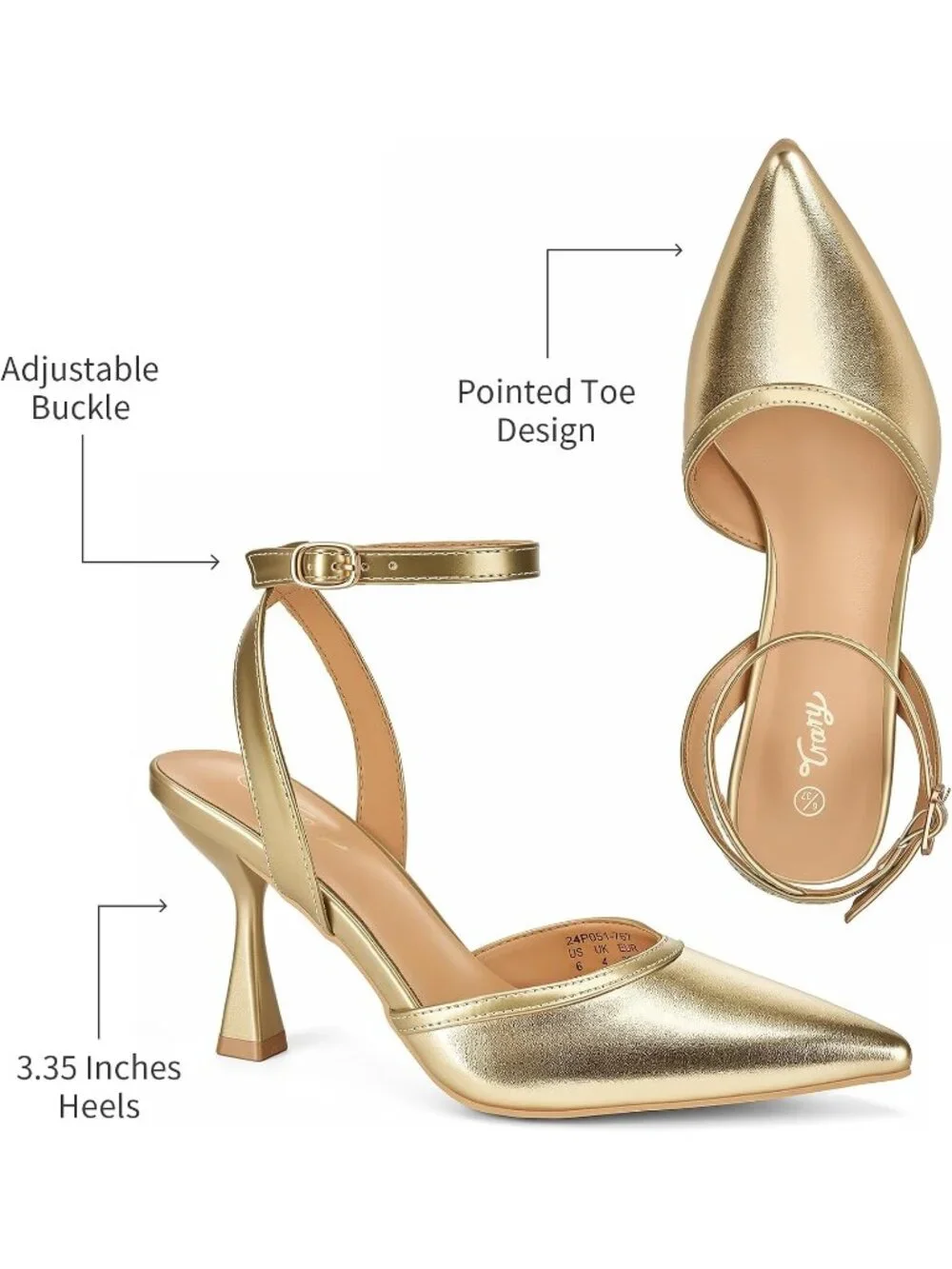 Women's Gold Pu Slingback Pointed Toe Stiletto Heels Ankle Strap Dress Shoes